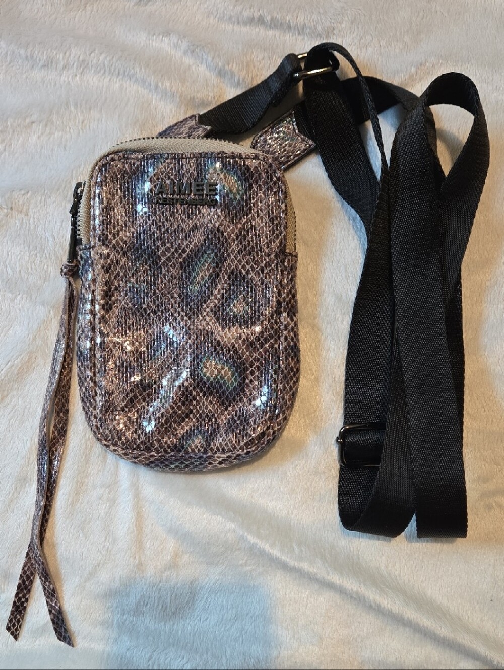 Iridescent Reptile Pattern Leather Crossbody Phone Bag Purse With Black Strap